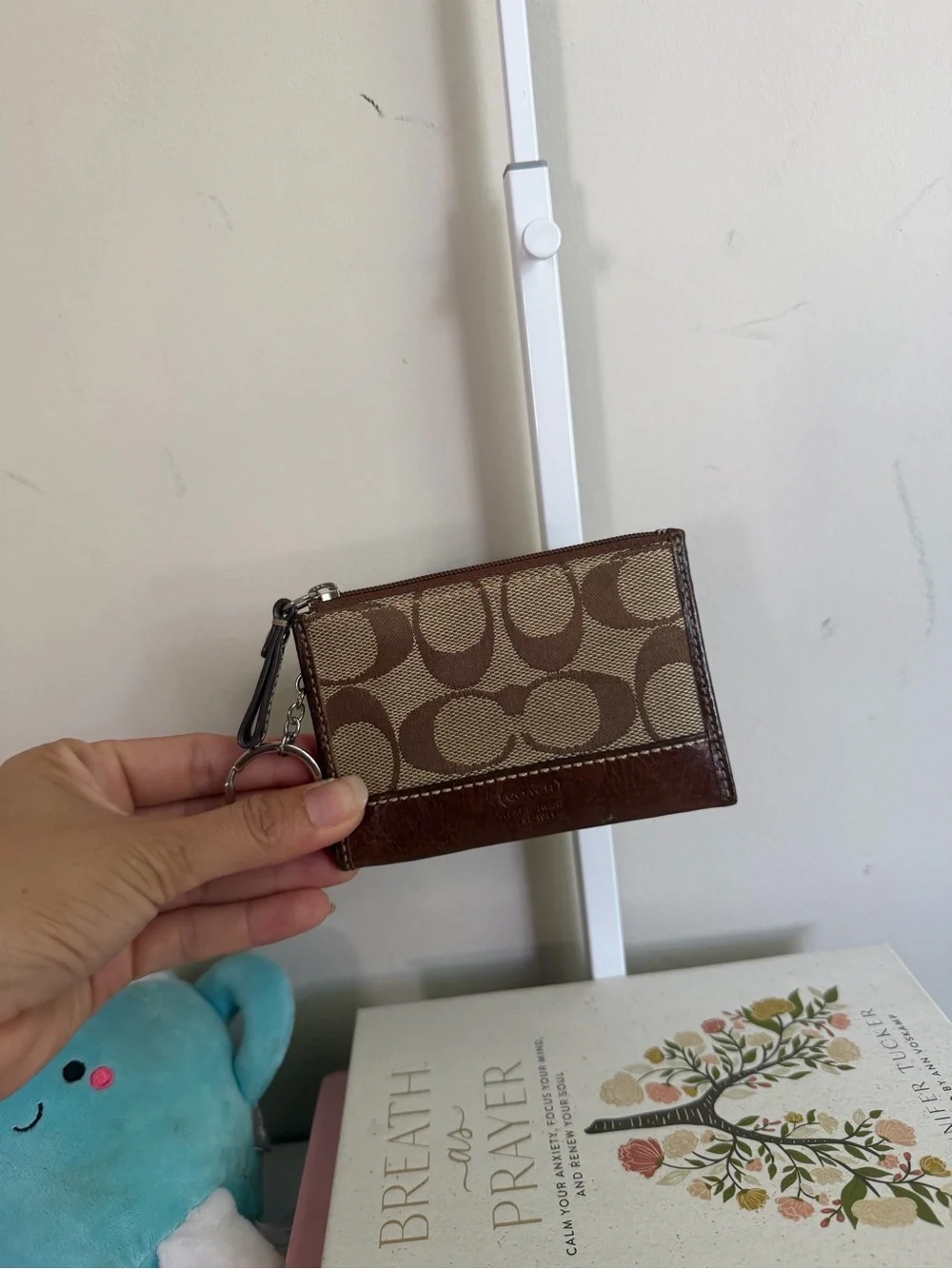 Coach Signature Canvas Cardholder with Brown Leather Trim and Key Ring